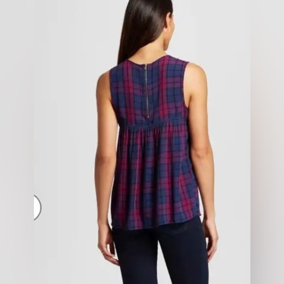 Knox Rose Size Xl Tank Top Plaid High Neck Lace Inlet Boho Layering Blue Pink - Picture 3 of 9